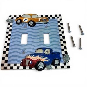 Borders Unlimited Light Switch Boy's Room Double Wall Plate Race Cars Kids Truck